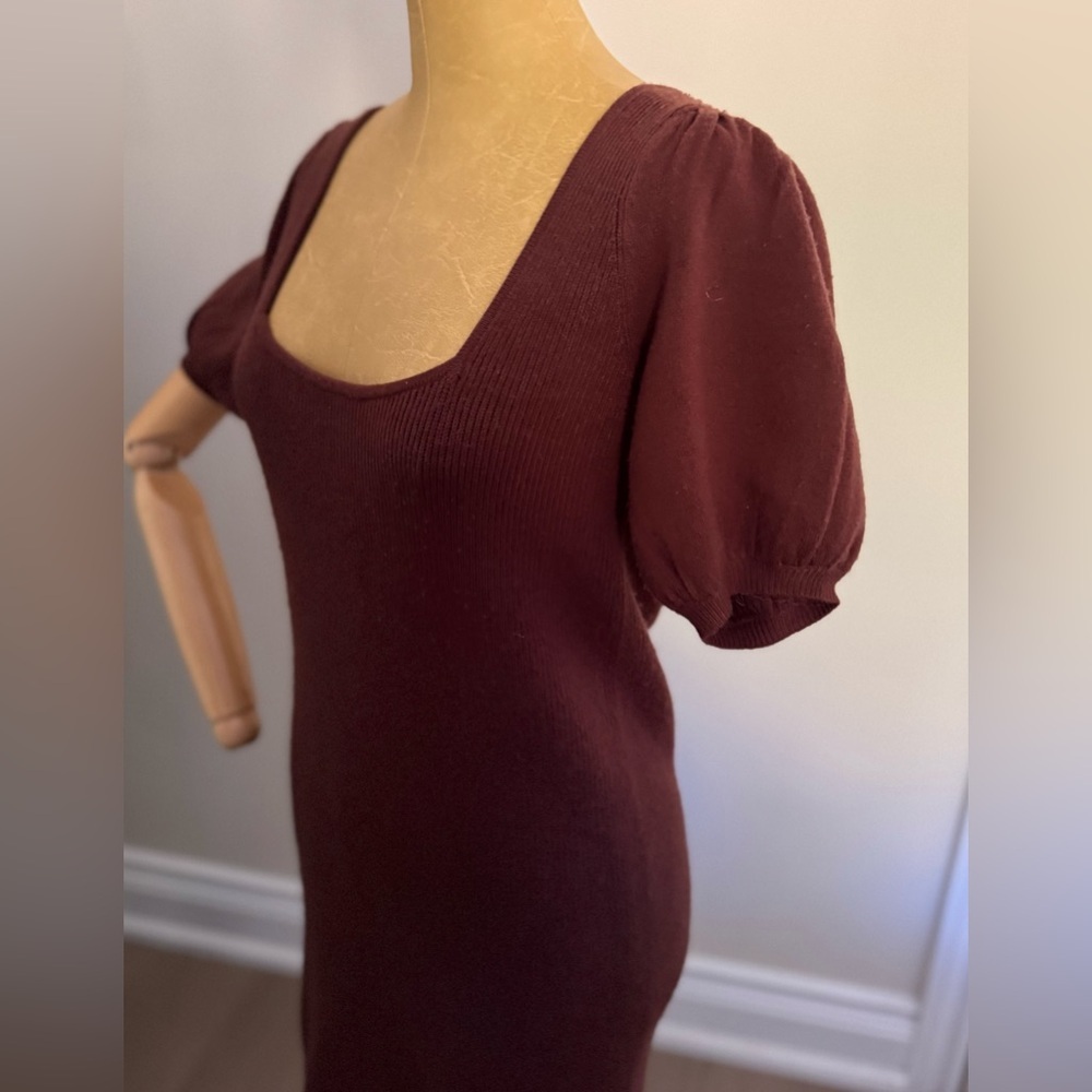 NWT FRENCH CONNECTION Chocolate Ribbed Puff Sleeve Dress (M) - Picture 6 of 11